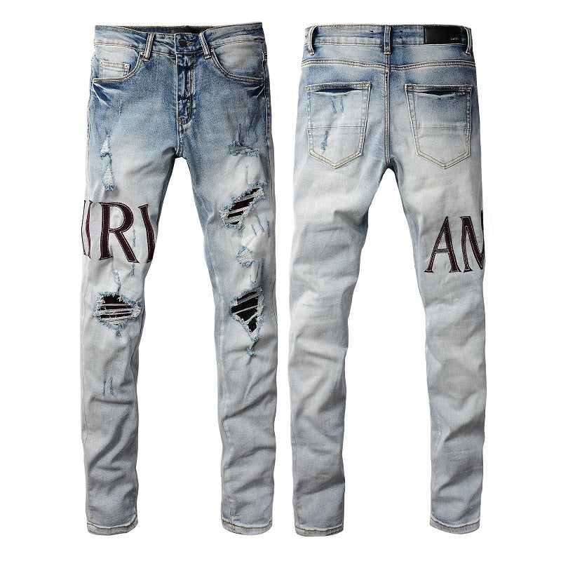 European and American Street Tide Letter Embroidered Jeans High Street Tide Men Slim-fitting Small Feet Jeans #1301