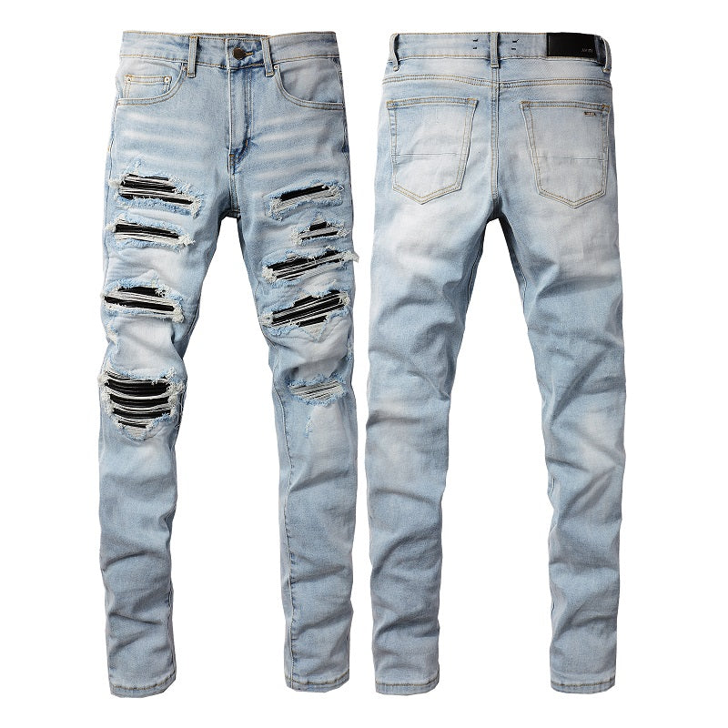 1307 European and American High Street Jeans Sticker Hand worn Ripped Jeans Slim fitting and Thin Small Feet Jeans