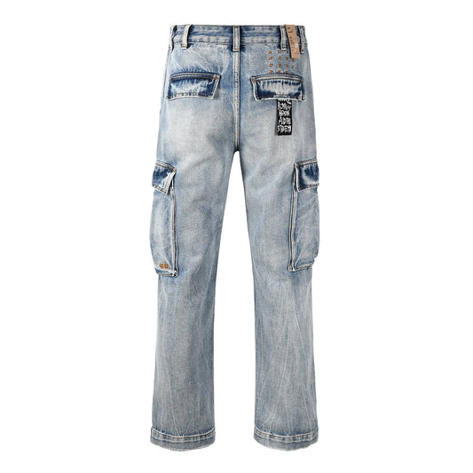 Y2K Style Baggy Light Blue Washed Cargo Jeans with Patchwork Pockets and Graffiti Print 3043