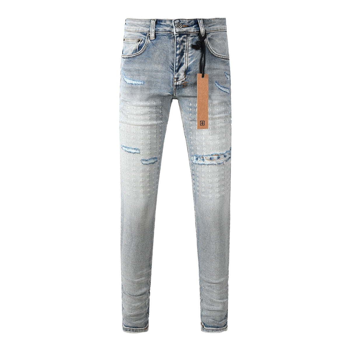 Men's Light Blue Slim Fit Distressed Jeans with Decorative