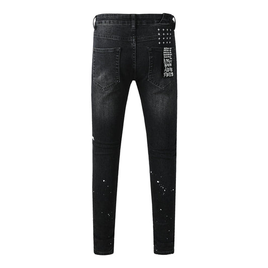 Slim Fit Distressed Black Denim Pants for Men with Knee Rips and White Paint Dots 3051
