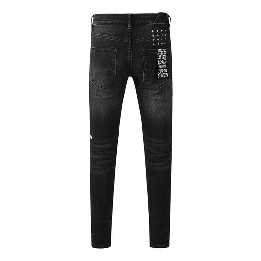 Mens Skinny Black Jeans with Ripped Embroidery and Printed Back Pocket Streetwear Style 3052