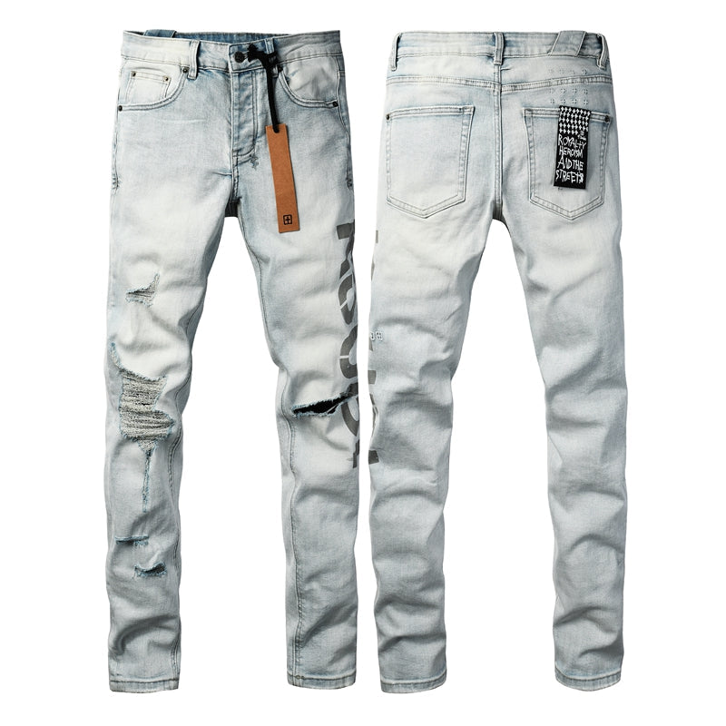 Men's Vintage Light Blue Denim Jeans Destroyed Ripped Slim Fit Fashion Street Style Long Pants 3054