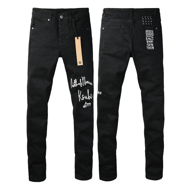 Men's Black Skinny Jeans Graphic Letter Print Slim Fit Stretch Denim Pants Casual Streetwear Trousers 3059
