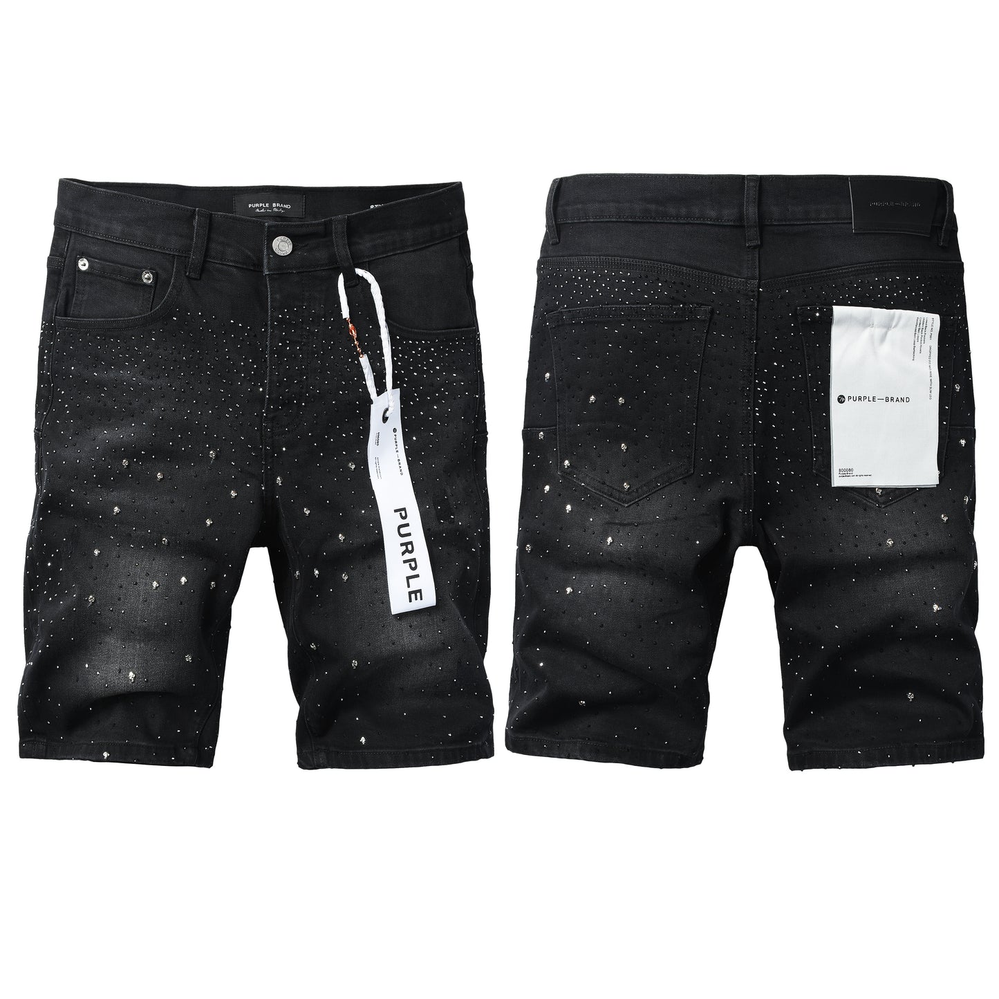 Mens Jet Black Crystal Embellished Denim Shorts Premium Slim Fit Jeans 5106