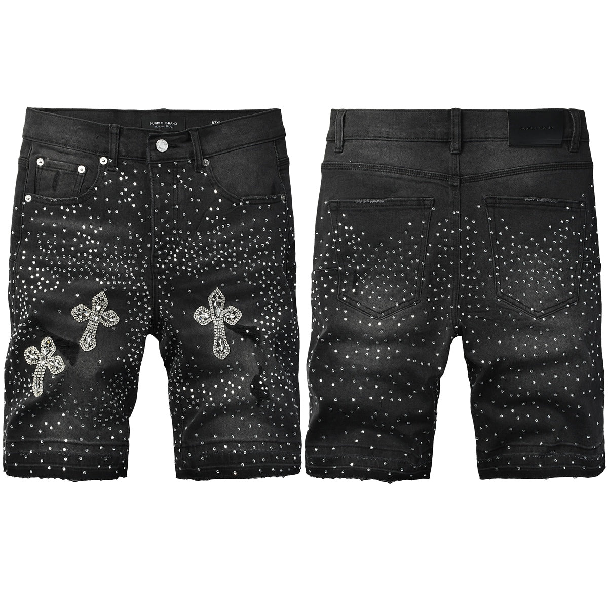 Mens Black Rhinestone Cross Denim Shorts Hip Hop Streetwear Stretch Jean Shorts Casual Summer Fit 5111