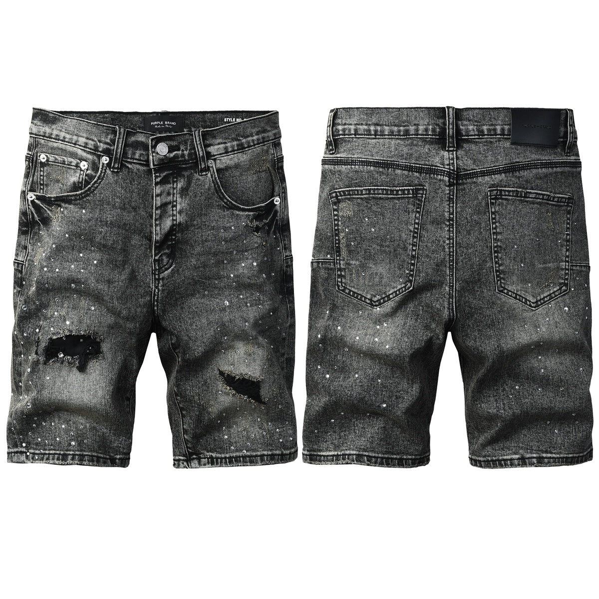 Mens Vintage Washed Black Jean Shorts Sparkling Rhinestone Ripped Denim Shorts Casual Fit 5112