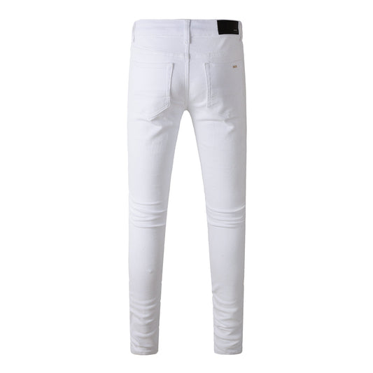 Vaqueros blancos ajustados para hombre, con rotos y parches, para un look de verano limpio y moderno 592
