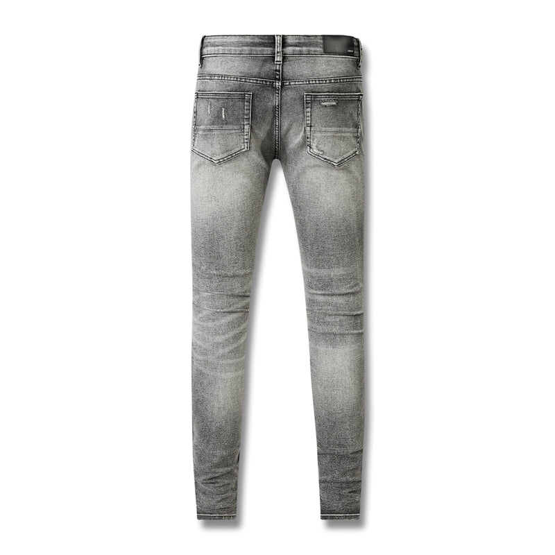 Men’s Grey Washed Skinny Jeans with Large Ripped Knees and Black Patch Inserts for a Rugged Urban Look 601