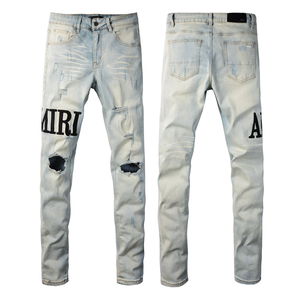 European and American high street trend embroidery letters beige old slim-fitting small feet ripped jeans #650