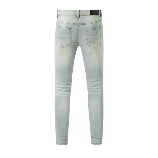 Men’s Light Blue Skinny Jeans with Ripped Details and Aqua Tone Patchwork for a Fresh Summer Street Style 6645