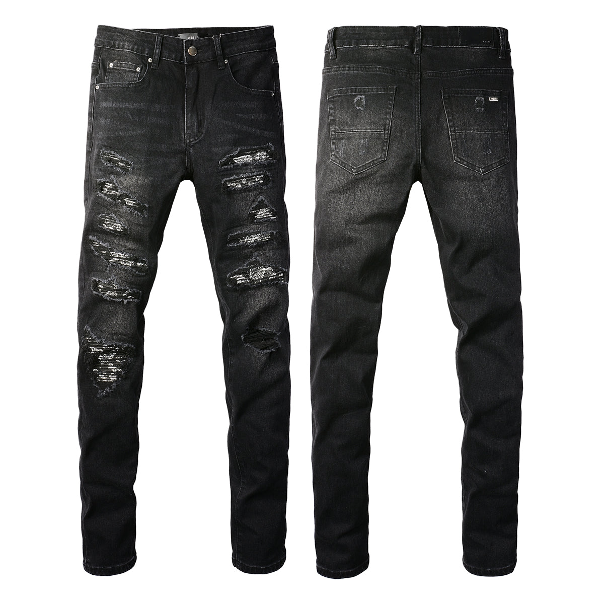 Men’s Black Slim Fit Jeans with Heavy Distressing and Metallic Silver Underlays for an Edgy Streetwear Look (669-8669)