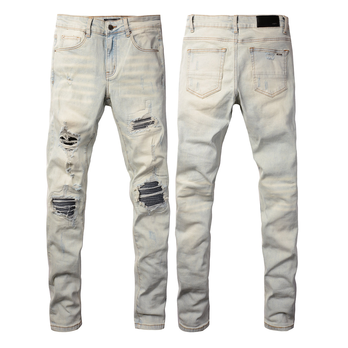 Men’s Light Washed Skinny Jeans with Heavy Ripped Details and Dark Contrast Patchwork for a Vintage Street Look 699