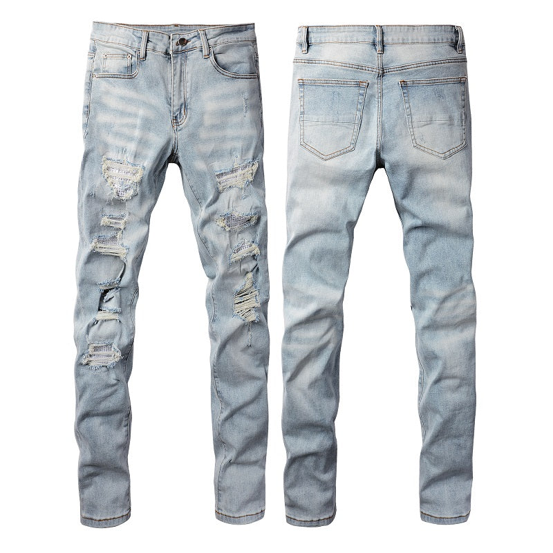 Pantalones vaqueros casuales de mezclilla de calle para comercio exterior, microelásticos de algodón, azul juvenil, rotos, ajustados, 808
