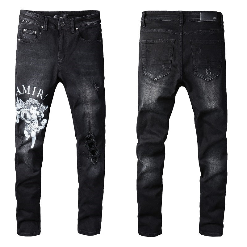 Street Letters Angel Pattern Digital Print Denim Micro Elastic Cotton Black Skinny Jeans 817