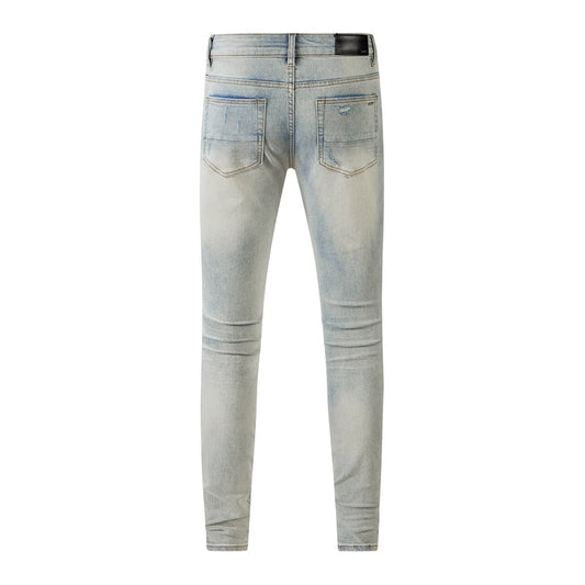 Men's Slim Fit Light Grey Blue Ripped Jeans with White Striped Patches and Washed Effect for Casual Street Style 8601