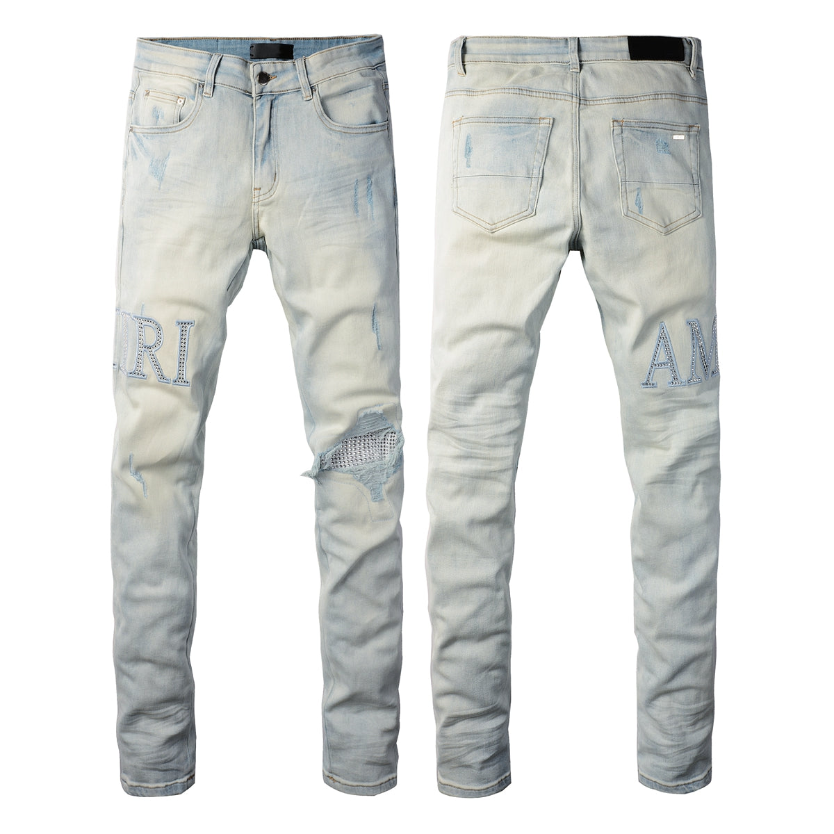 Washed Slim Fit Denim for Men Featuring Minimal Letter Patch and Mesh Layered Rip for Trendy Streetwear 8818