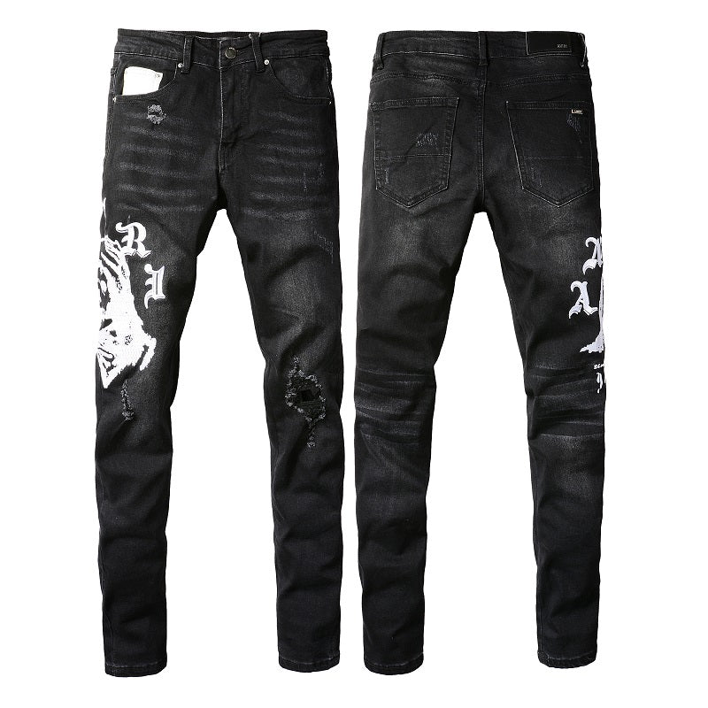 Men’s Black Skinny Jeans with Gothic Letter Print, Artistic White Graphics and Distressed Details for Streetwear Style 881