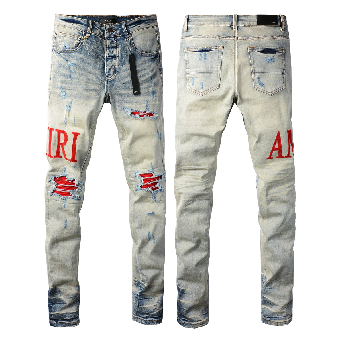 Vaqueros ajustados rasgados de moda para hombre con bordado de letras rojas 8886