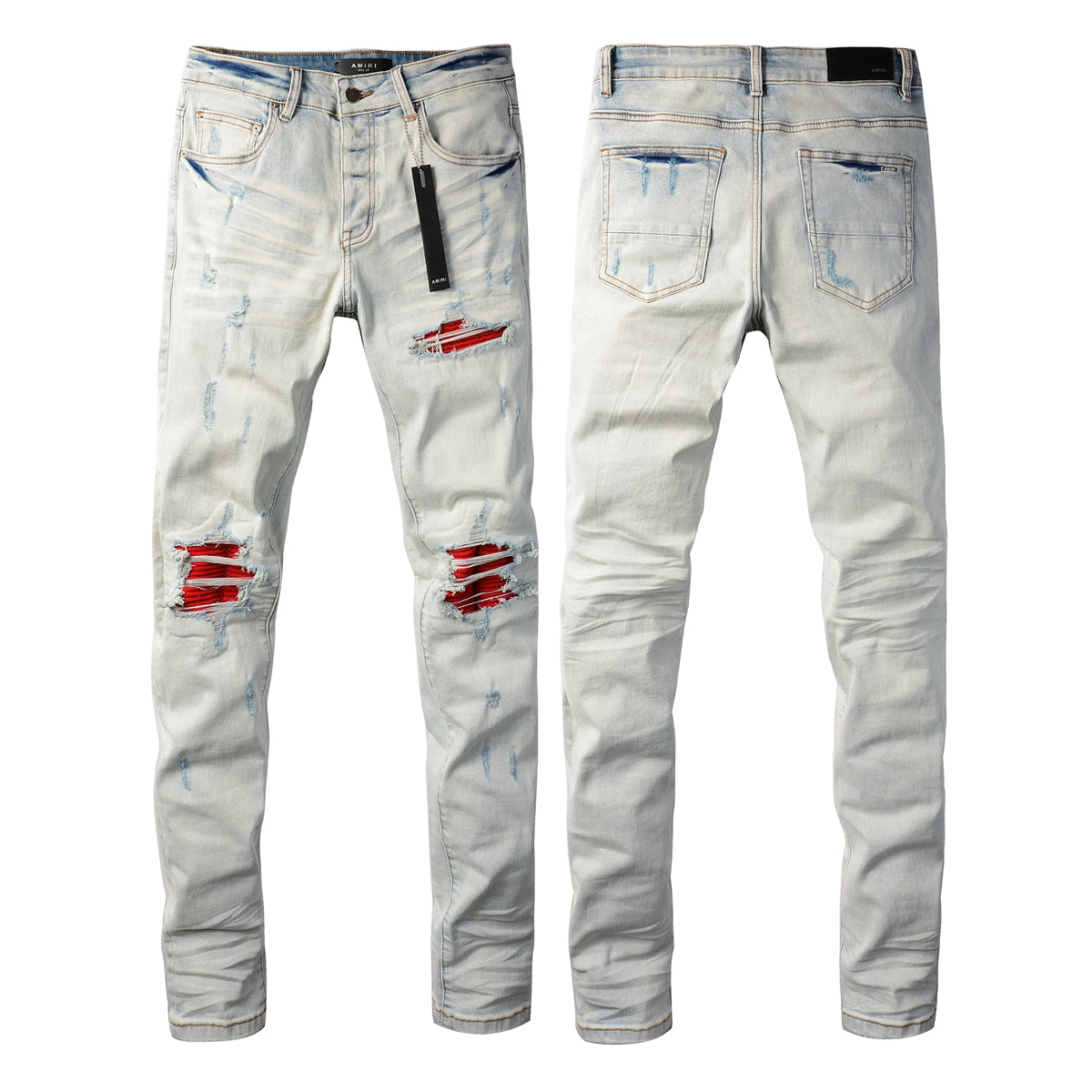 Vaqueros rasgados azul gris claro de hombre con diseño de parche rojo 8887