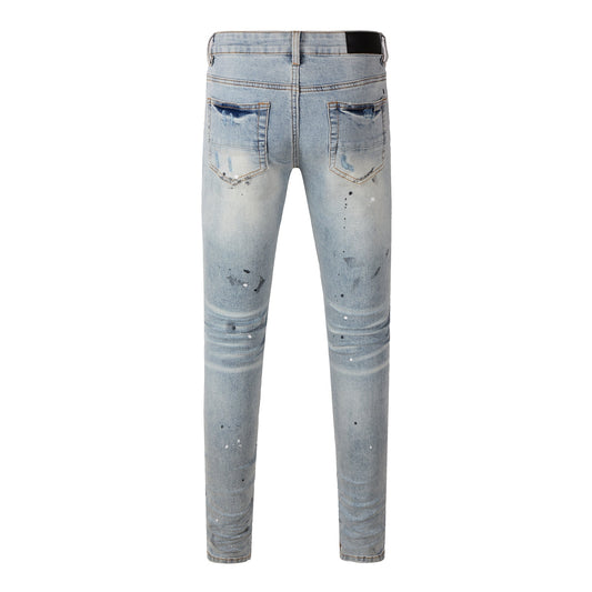 Men’s Light Blue Skinny Jeans with Paint Splatter, Heavy Rips, and Gradient Washed Effect 8899
