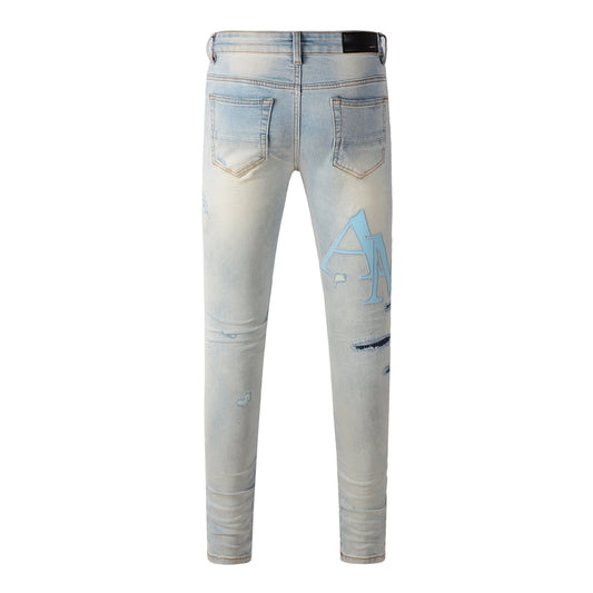 Vaqueros ajustados azul claro para hombre con estampado de letras azul celeste y mucho efecto desgastado 8902