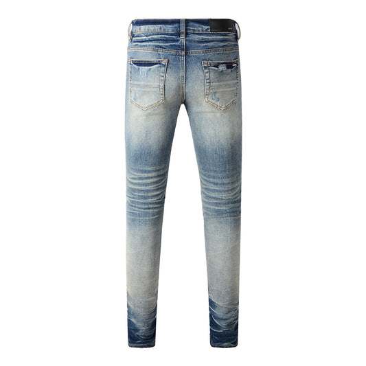 Men’s Two-Tone Blue Skinny Jeans with Heavy Knee Distressing and Whisker Fade Wash 8907