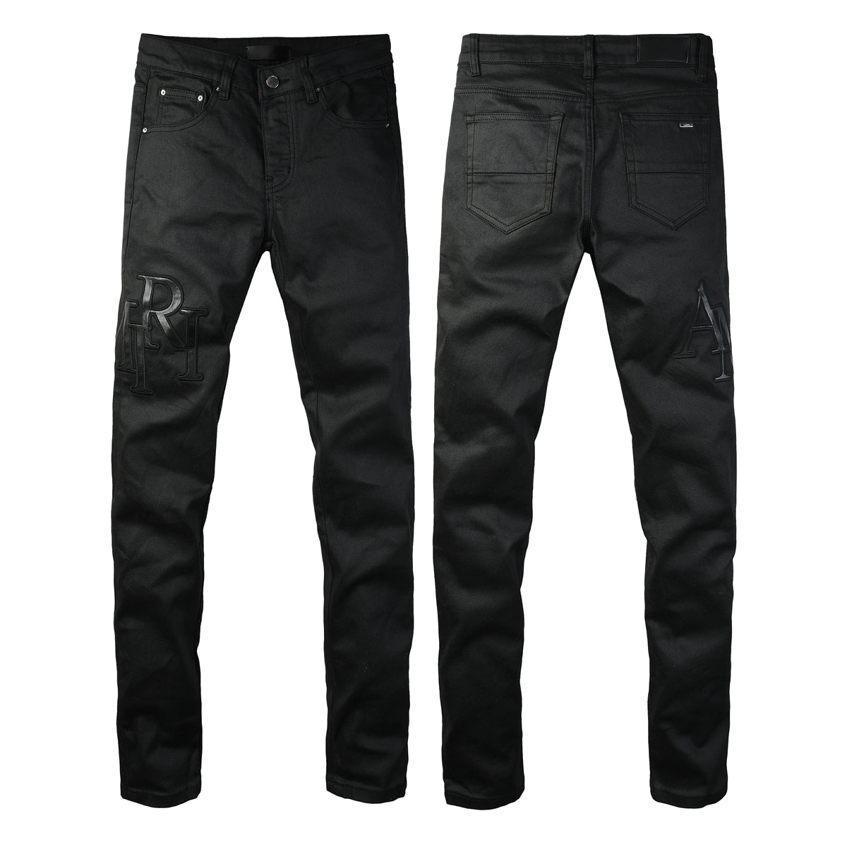 Men’s Black Skinny Jeans with Tonal Embroidered Lettering 8918