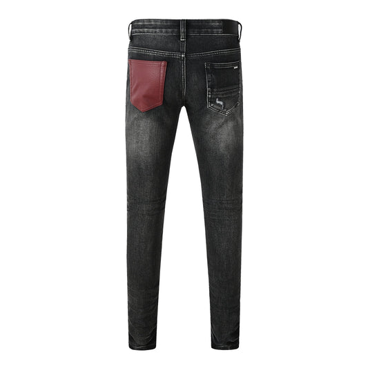 Men's Black Ripped Skinny Jeans with Red Faux Leather Patch and Distressed Knees 8919