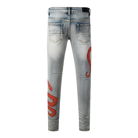 Men’s Light Wash Skinny Jeans with Red Snake Embroidery and Distressed Rips 8933