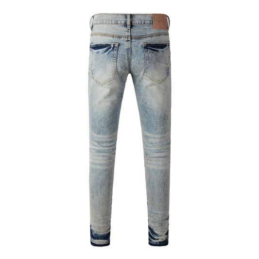 Men Streetwear Jeans Distressed Light Blue Abstract Ripped Skinny 9093