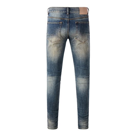 Men Classic Streetwear Jeans Light Washed Distressed Skinny Fit 9097