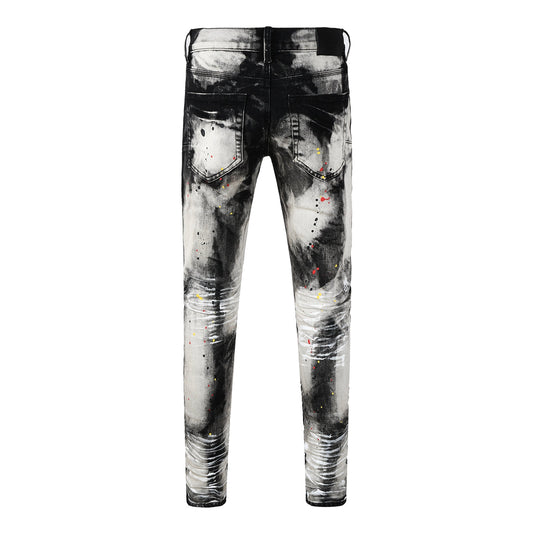 Men Streetwear Skinny Jeans Black and White Graffiti Wash with Multi Color Paint Splash PU9111
