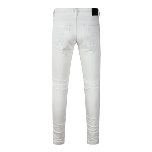 Men Designer Streetwear Skinny Jeans Solid White with 3D Embossed Monogram Pattern PU9113