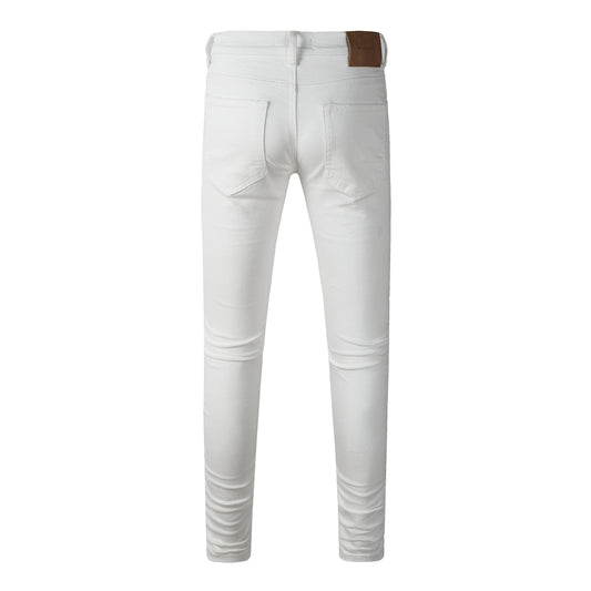 Men Classic Streetwear Skinny Jeans Solid White with Subtle Distressed Details PU9118