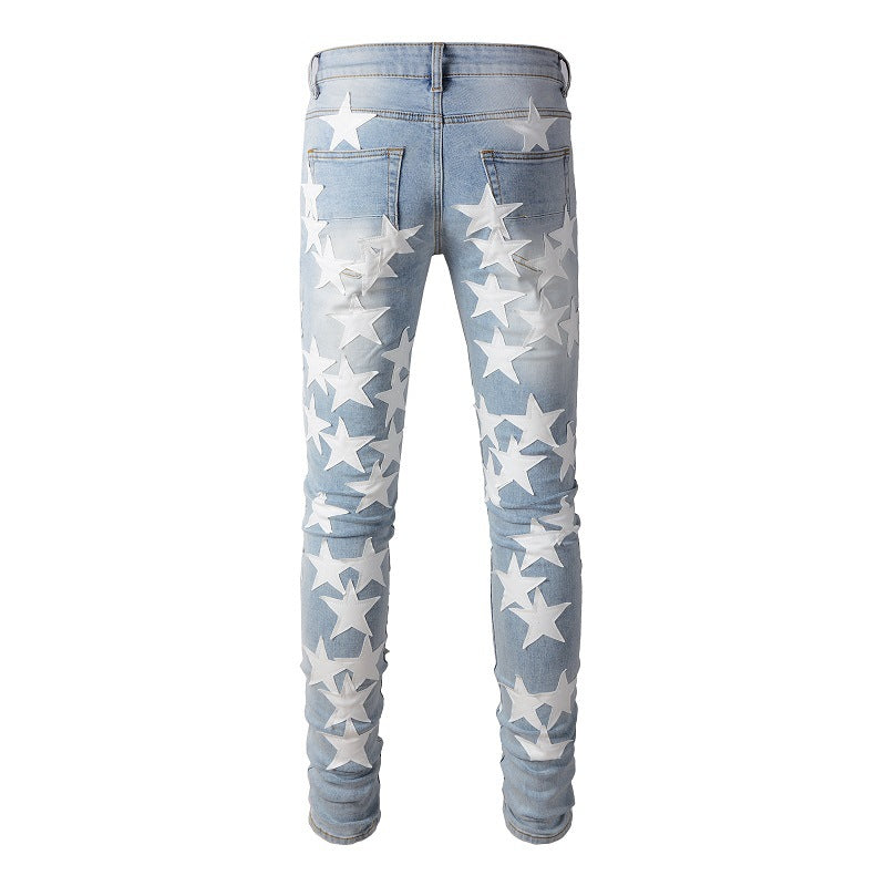 690 High Street Sticky White Star Trend Jeans High Craft Elastic Slim Fit Small Foot Jeans