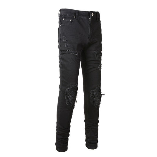 Vaqueros ajustados negros para hombre con rotos desgastados en las rodillas y paneles acanalados superpuestos para un estilo urbano elegante (602-8520)
