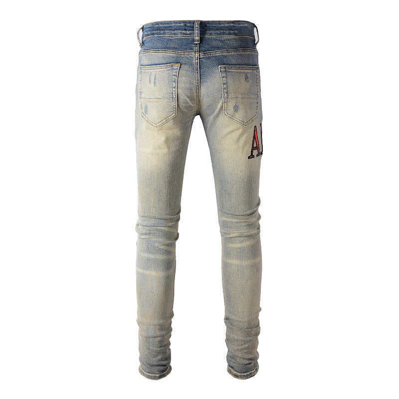 Jeans brodés de lettres de marque tendance style européen et américain, Jeans bleus coupe slim élastique #888
