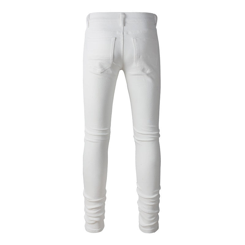 Pantalones vaqueros casuales ajustados elásticos rotos con parches blancos de moda urbana #843