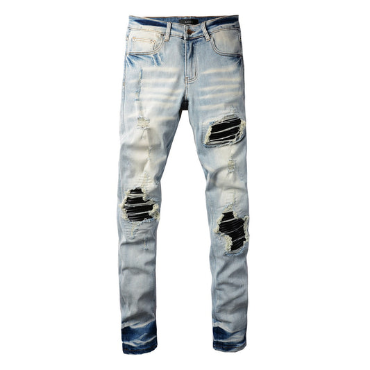 Mens Punk Slim Stretch Distressed Jeans With Ripped Knee Patch Blue Pants 6848
