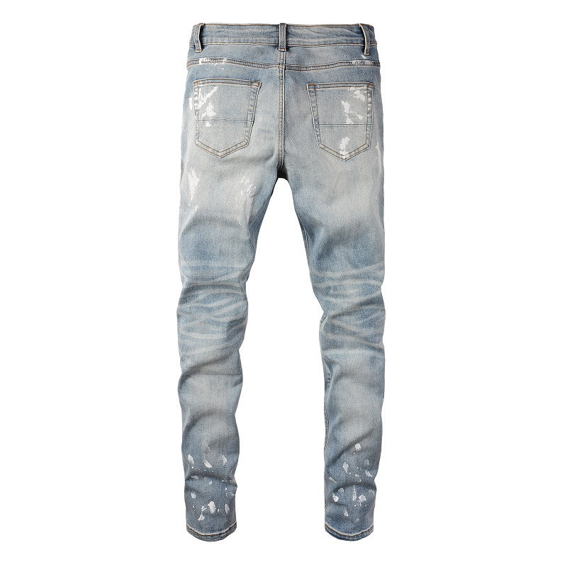 Cross-border Slim fit High Street Jeans Trendy Brand Paint Diamond encrusted Ripped Patch Men's Jeans 6626
