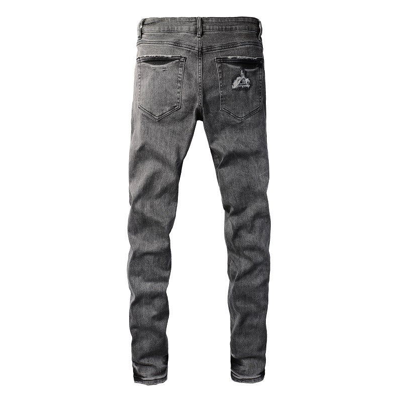 Vintage Washed Ripped Cashew Flower Patch Elastic Slim Small Feet Dark Grey Jeans (1000-8903)