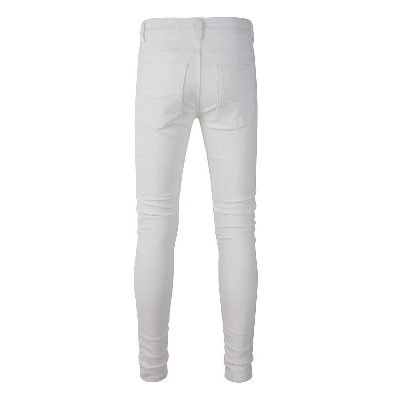 Foreign Trade Best-selling High Street Ripped Patch Diamond-encrusted Elastic Slim-fit White Jeans 7625
