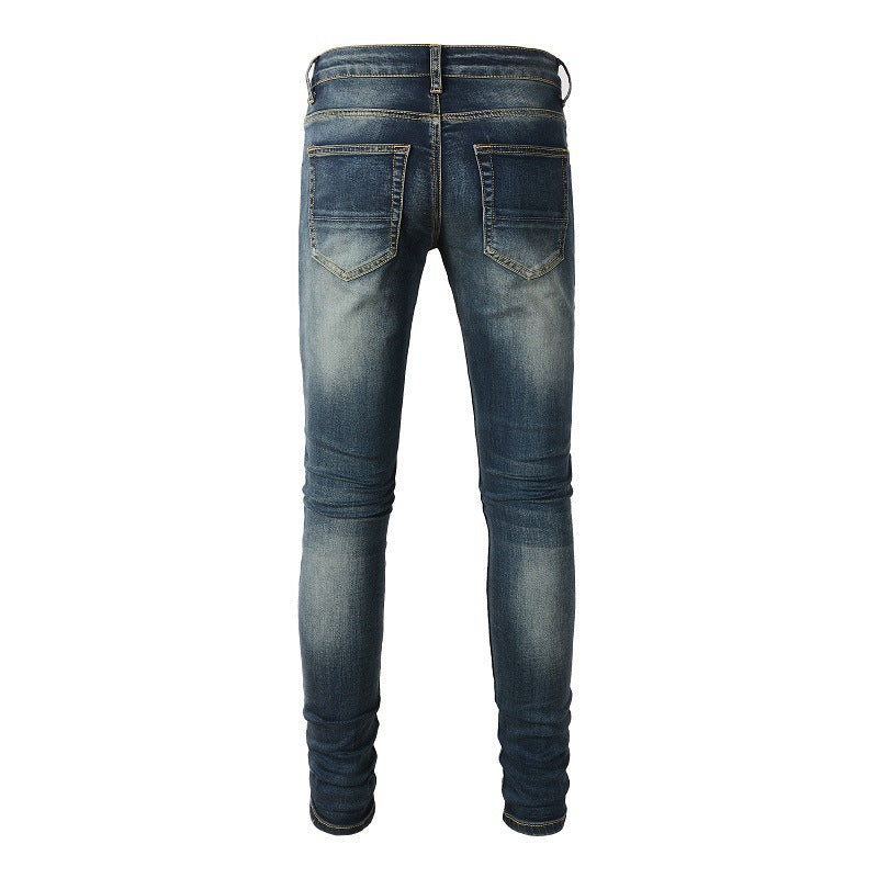 1320 European and American Trendy High Street Jeans, Ripped Patch Leather Slim fit Jeans