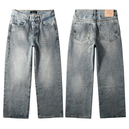 Edgy Men’s Light Wash Loose Fit Jeans with Washed Fade Effect and Light White Paint Splatter Design 101
