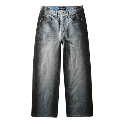 Men’s Light Blue Wide Leg Jeans with Faux Croc Leather Coating Effect and Vintage Washed Street Style 102