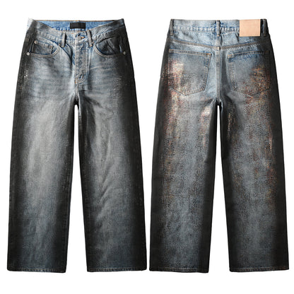 Men’s Light Blue Wide Leg Jeans with Faux Croc Leather Coating Effect and Vintage Washed Street Style 102