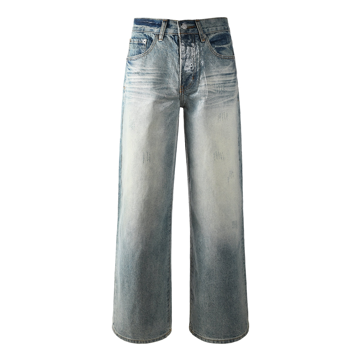Men’s Light Blue Wide Leg Jeans with Shiny Textured Grid Finish Vintage Street Loose Denim Pants 103