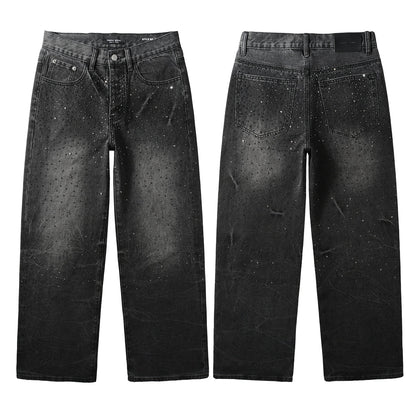 Men’s Oversized Streetwear Jeans in Vintage Black with Full-Length Glitter Detailing and Urban Luxury Vibe 105