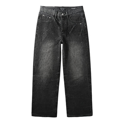 Men’s Oversized Streetwear Jeans in Vintage Black with Full-Length Glitter Detailing and Urban Luxury Vibe 105